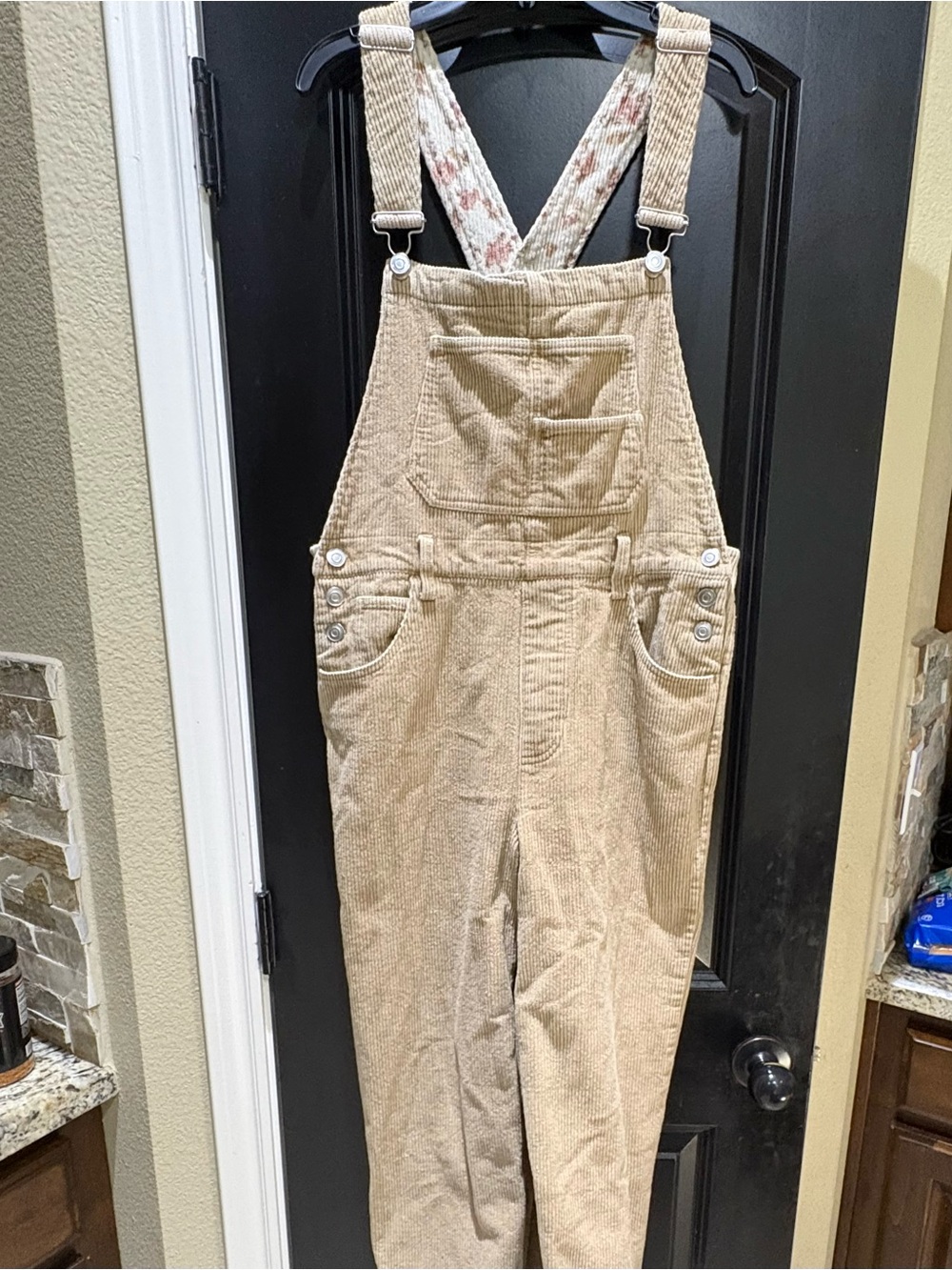 Altar'd State Beige Corduroy Women's Overalls with Floral Cross-Back Straps